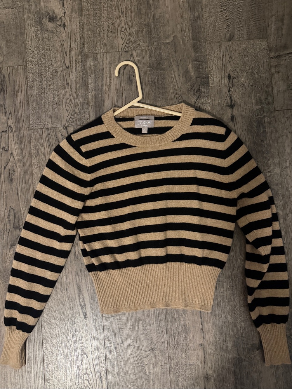 J. Crew Black and Tan Striped Cashmere Crewneck Sweater